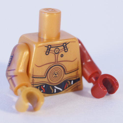 Lego Torso, Odd Arms and Hands, Metal Panels, Red and White Wires Print (C-3PO), Left Dark Red Arm and Hand, Right Pearl Gold Arm and Hand / Pearl Gold