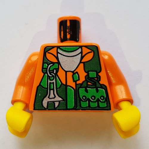 Lego Torso Shirt, Green Vest, Wrench and Pockets Print (Sparks), Orange Arms, Yellow Hands / Orange