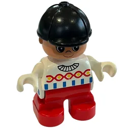 Duplo Figure, Early Child, with Helmet Black, Red Legs, Decorated Top Print / White