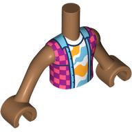 Lego Minidoll Torso Boy with Medium Nougat Arms and Hands with Magenta/Coral Jacket, Medium Blue Trim, White Shirt, Orange/Azure Shapes print / Medium Nougat