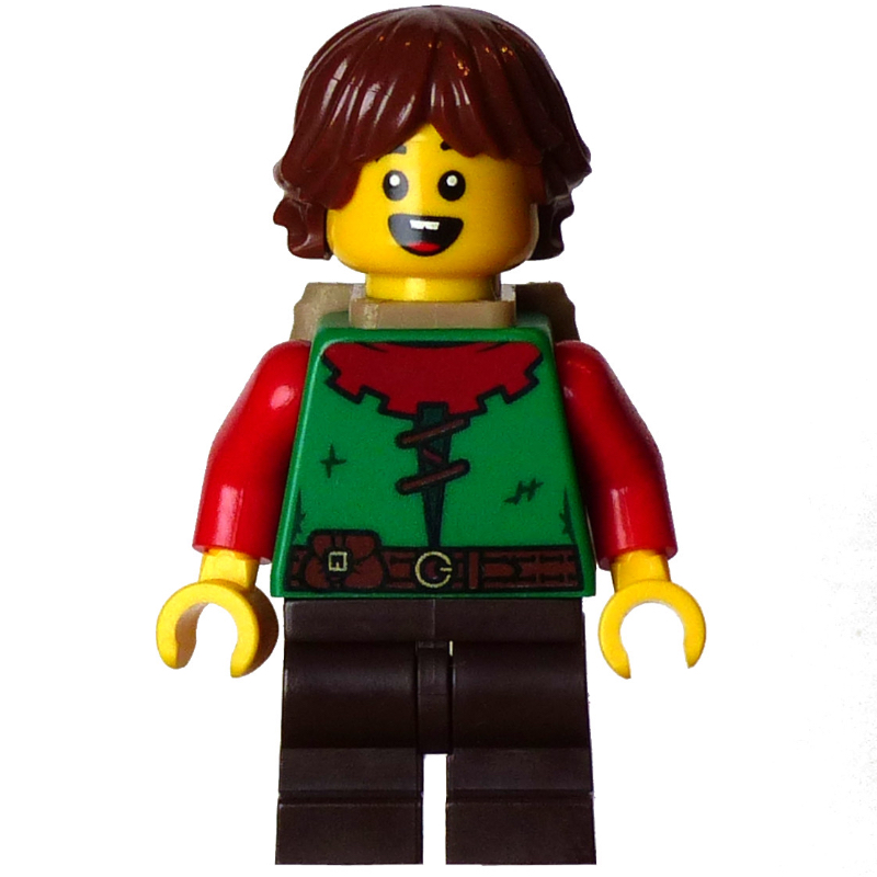 Lego Elf, Green Torso, Dark Brown Legs, Reddish Brown Hair, Backpack