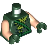 Torso, Tunic with Laces, Lime Shirt, Bright Green Belt, 'G' Buckle Print (Green Arrow), Light Nougat Arms, Dark Green Hands / Dark Green