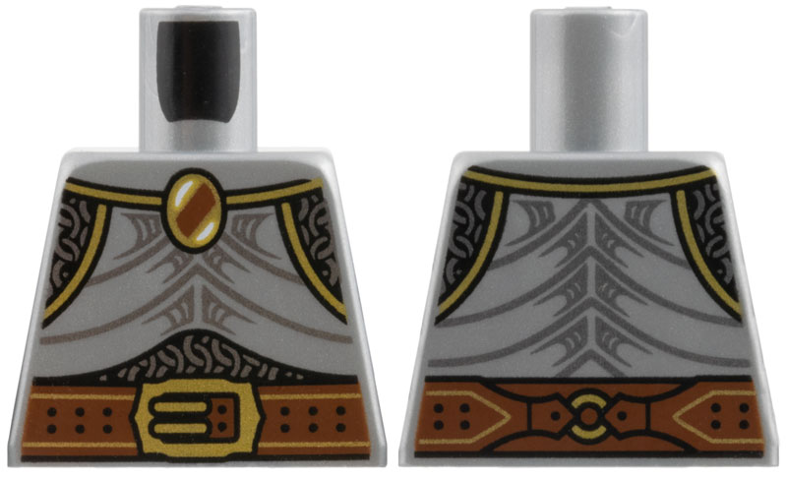 Lego Torso Armor Breast Plate with Gold Trim over Silver Chain Mail, Brooch, Reddish Brown Belt with Buckle, Straps and Ring on Back Pattern