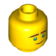 Lego Minifig Head Lloyd, Dual Sided, Reddish Brown Eyebrows, Green Eyes, Slight Smile / Concerned Print [Hollow Stud] / Yellow