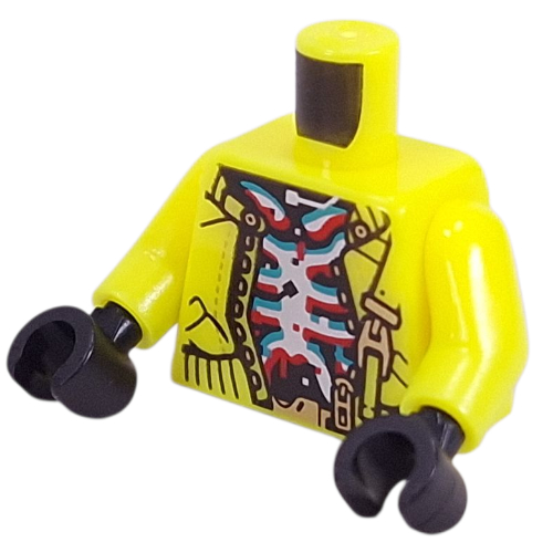 Lego Torso, Jacket, Gold Strap, Silver Skeleton on Black Background print, Vibrant Yellow Arms, Black Hands / Vibrant Yellow