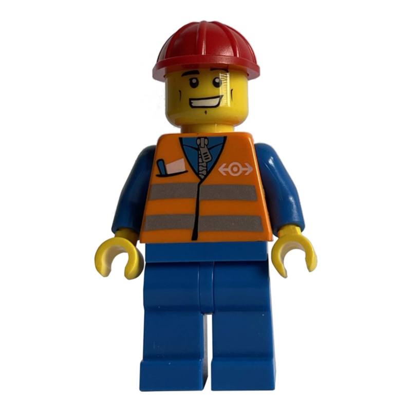 Lego Worker - Orange Safety Vest, Blue Legs, Red Helmet, Grin