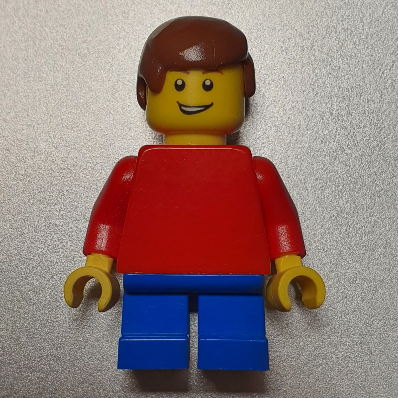 Lego Boy, Plain Red Torso, Short Blue Legs, Reddish Brown Hair