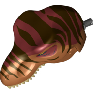 Lego Animal Body Part, Dinosaur, Tyrannosaurus Rex Head with Pin, Tan Teeth, Dark Red Top and Dark Brown Stripes Print / Dark Orange