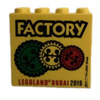 Lego Brick 2 x 4 x 3 with 'LEGOLAND DUBAI FACTORY 2019', Gears print / Yellow