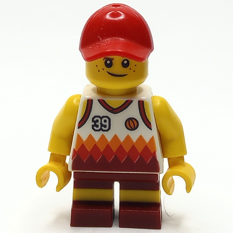 Lego Boy, White and Dark Red Basketball Jersey with '39', Dark Red Shorts, Red Cap
