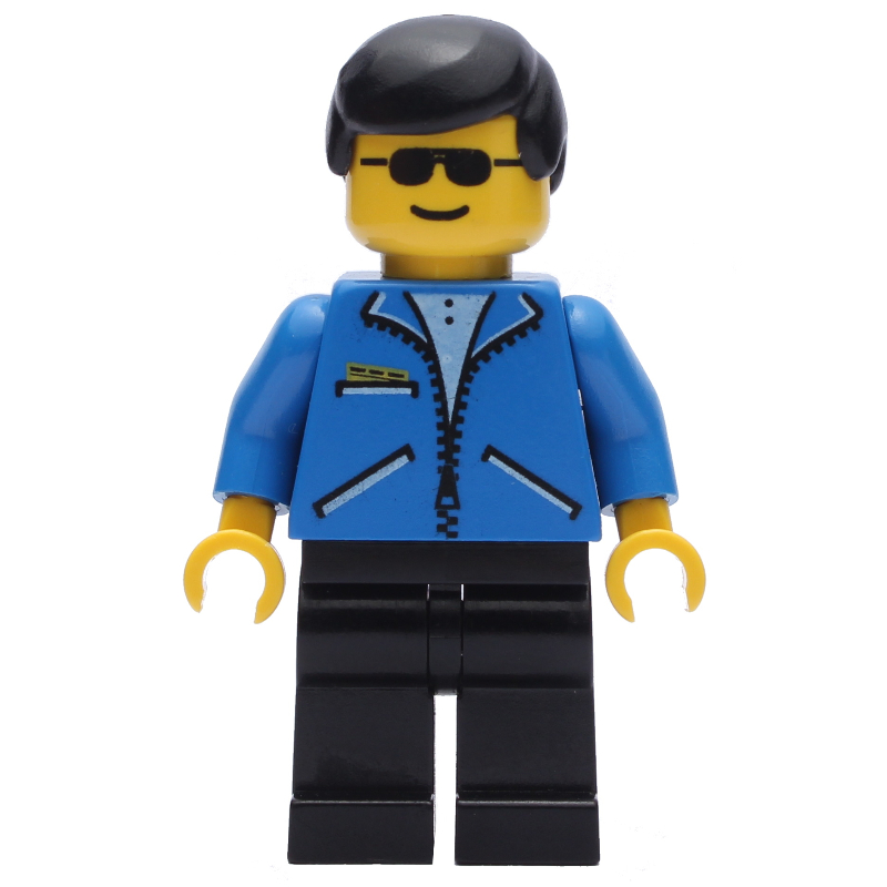 Lego Man, Open Blue Jacket with Zipper, Black Legs, Black Hair, Sunglasses