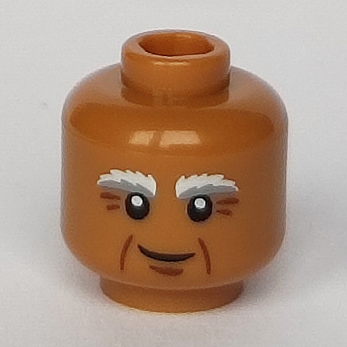 Lego Minifig Head Vitruvius, Bushy White and Gray Eyebrows, Crow's Feet and Crooked Smile Print [Hollow Stud] / Medium Nougat