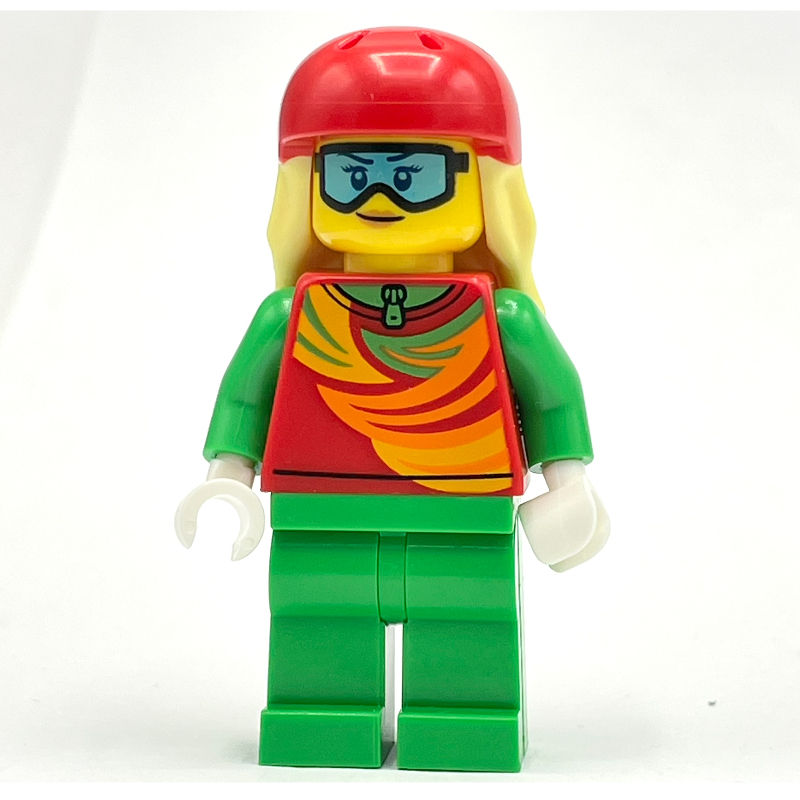 Lego Skier, Red and Bright Green Snowsuit, Red Helmet with Hair