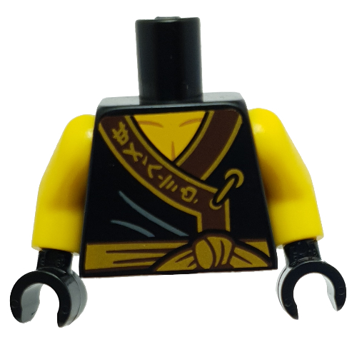Lego Torso Robe, Dark Brown Trim, Gold Asian Characters, Gold Tied Sash Belt Print, Yellow Arms, Black Hands / Black