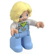 Duplo Figure with Long Hair Parted on Left Bright Light Yellow, Bright Light Blue Legs, Lime Neckerchief Print / White