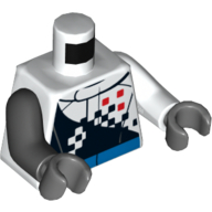 Lego Torso, Odd Arms, Racing Jacket with Checkered Print, Left White Arm, Right Black Arm, Dark Bluish Gray Hands / White