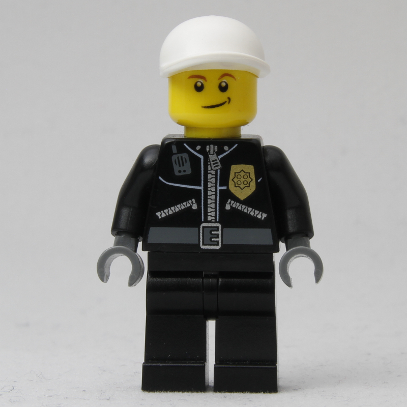 Lego Policeman, Black Jacket with Zipper, Radio, Badge, and 'POLICE' on Back, White Cap (3626b Head)