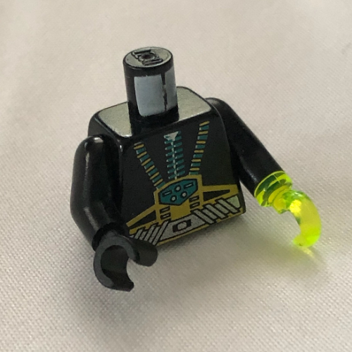 Lego Torso Wetsuit, Gold & Silver Straps, Control Box Print, Black Arms, Black Hand Right, Trans-Neon Green Hook Left / Black