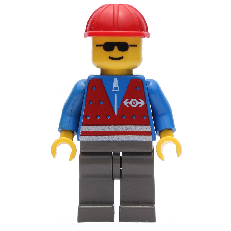 Lego Train Worker - Blue Torso, Dark Gray Legs, Red Helmet