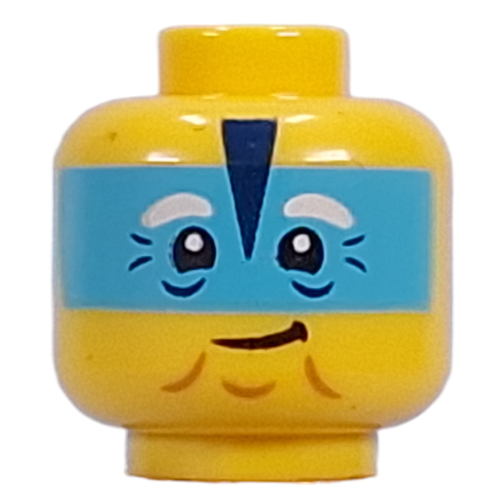 Lego Minifig Head Mrs. Castillo, Medium Azure Mask, White Eyebrows, Wrinkles, Closed Mouth Smile/Open Mouth Smile, Close Eyes / Yellow