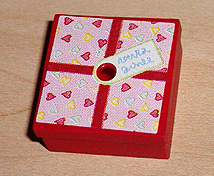 Lego Container, Box 3 1/2 x 3 1/2 x 1 1/3 with Hinged Lid with Hearts Present / Gift Wrap Pattern (Sticker) - Set 3220 / Red