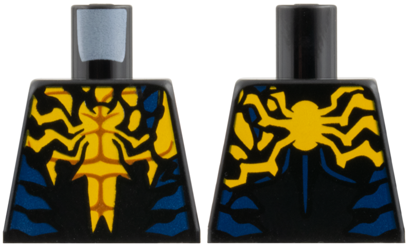 Lego Torso Wolverine Yellow Shirt with Reddish Brown Muscle Contours, Dark Blue Side Panels, Black Symbiote Covering, Spider Shape Relief Pattern