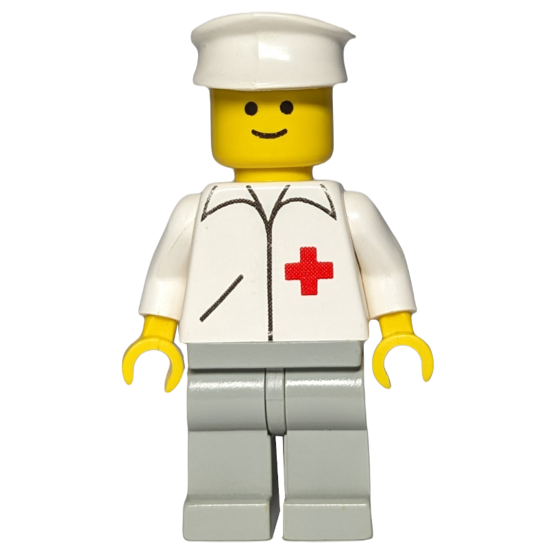 Lego Doctor, White Jacket with Red Cross, Light Gray Legs, White Hat