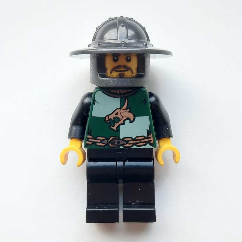 Lego Dragon Knight, Dark Green, Wide Brim Helmet, Moustache and Stubble (Pearl Titanium)
