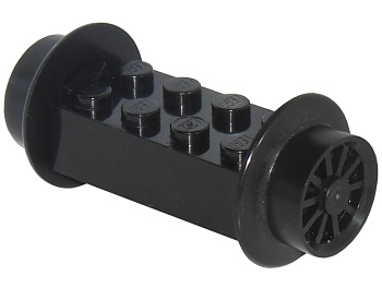 Lego Brick, Modified 2 x 4 with Black Wheels, Train Spoked Small (23mm D.) and Black Pins (4180 / wheel3 / 2344)