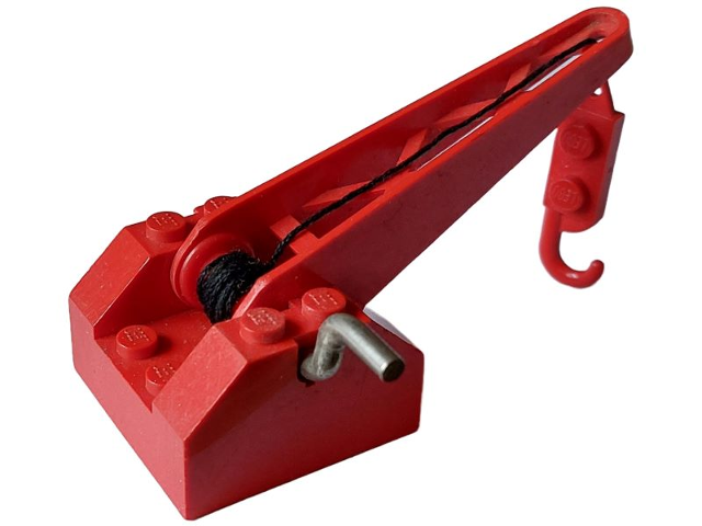 Lego String Reel Winch 4 x 4 x 2 with Sloped Top, Metal Handle, Red Drum and Crane Arm with String and Crane Hook Right