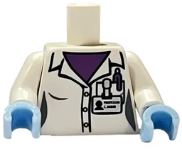 Torso Female Lab Coat, Medium Lavender Shirt and Pen, 'PROFESSOR C BODIN' Name Tag Pattern / White Arms / Bright Light Blue Hands