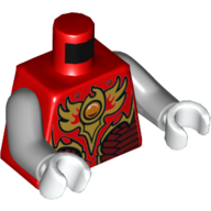Lego Torso Vest with Dark Red and Gold Armor with Scales and Fire Chi Emblem Print, Light Bluish Gray Arms, White Hands / Red