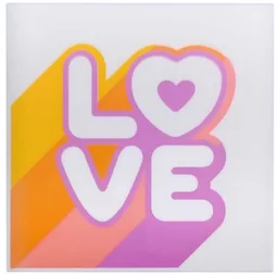 Tile 4 x 4 with 'LOVE' on Bright Light Orange, Orange, Coral and Medium Lavender Diagonal Bands Pattern