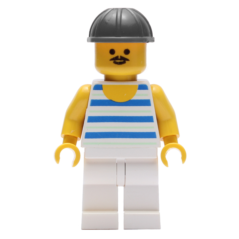 Lego Man, Blue and White Striped Tank Top, Black Hard Hat, Moustache