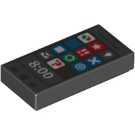 Lego Tile 1 x 2 with Smart Phone Octan, Star and other Icons and '8:00' Print / Black