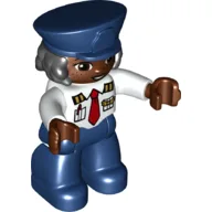 Duplo Figure with Police Style Hat Dark Blue and Hair, with Dark Blue Legs, Pilot Shirt with Pockets and Red Tie Print / White
