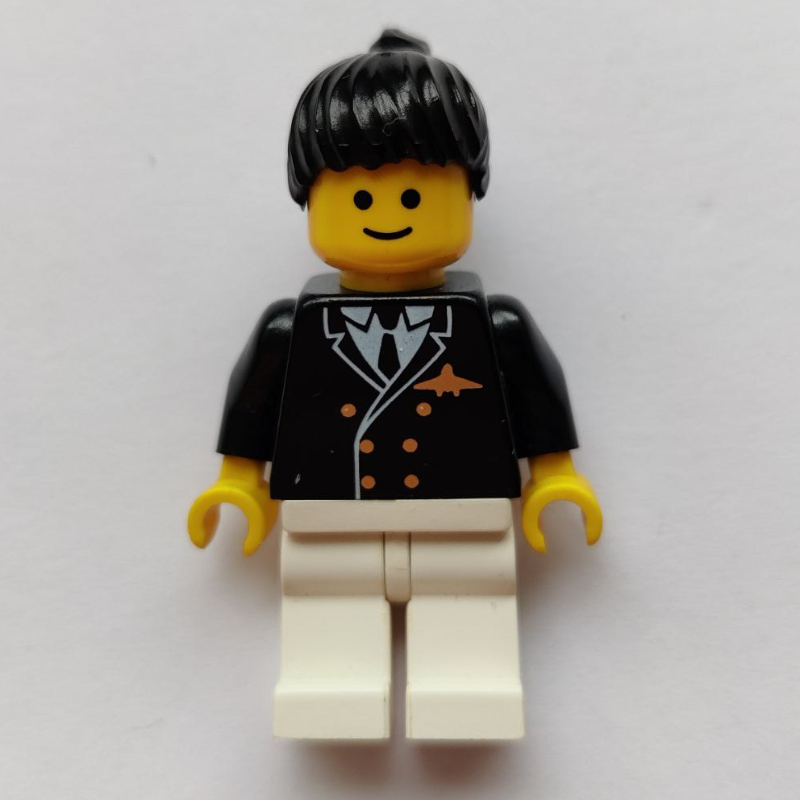 Lego Pilot, Woman, Black Jacket with Tie and Airplane Badge, White Legs, Black Hair