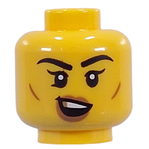 Lego Minifig Head Nougat Lips, Cheek Lines, Open Mouth Crooked Smile, Gold Tooth / Closed Mouth Crooked Smile / Yellow