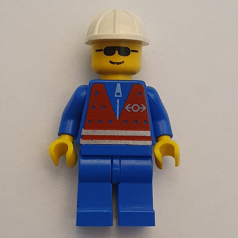 Lego Train Worker - Red Vest, Blue Legs, White Helmet, Sunglasses