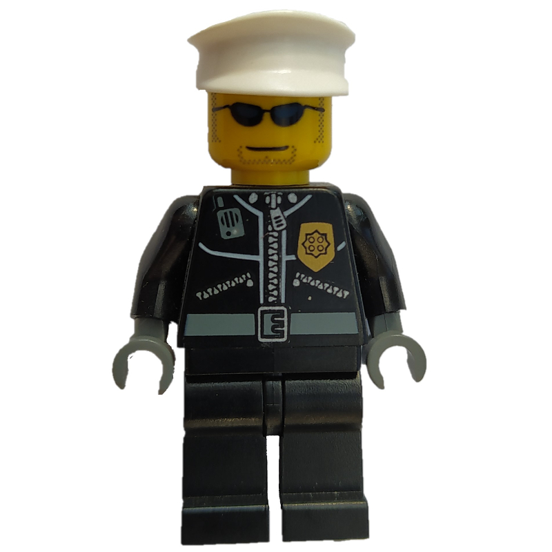 Lego Policeman, Black Jacket with Zipper, Radio, and Badge, White Hat, Sunglasses