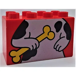 Duplo Brick 2 x 4 x 2 with White Dog, Black Spots, Top Half Holding Bone Print / Red
