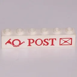 Brick 1 x 6 with 'POST', Horn, and Envelope Print / White