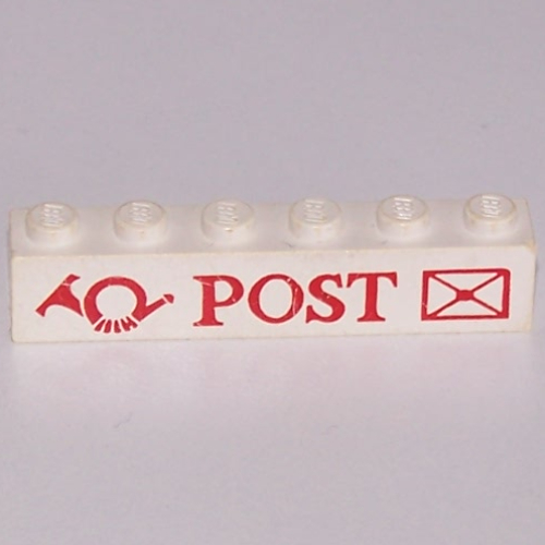 Lego Brick 1 x 6 with 'POST', Horn, and Envelope Print / White