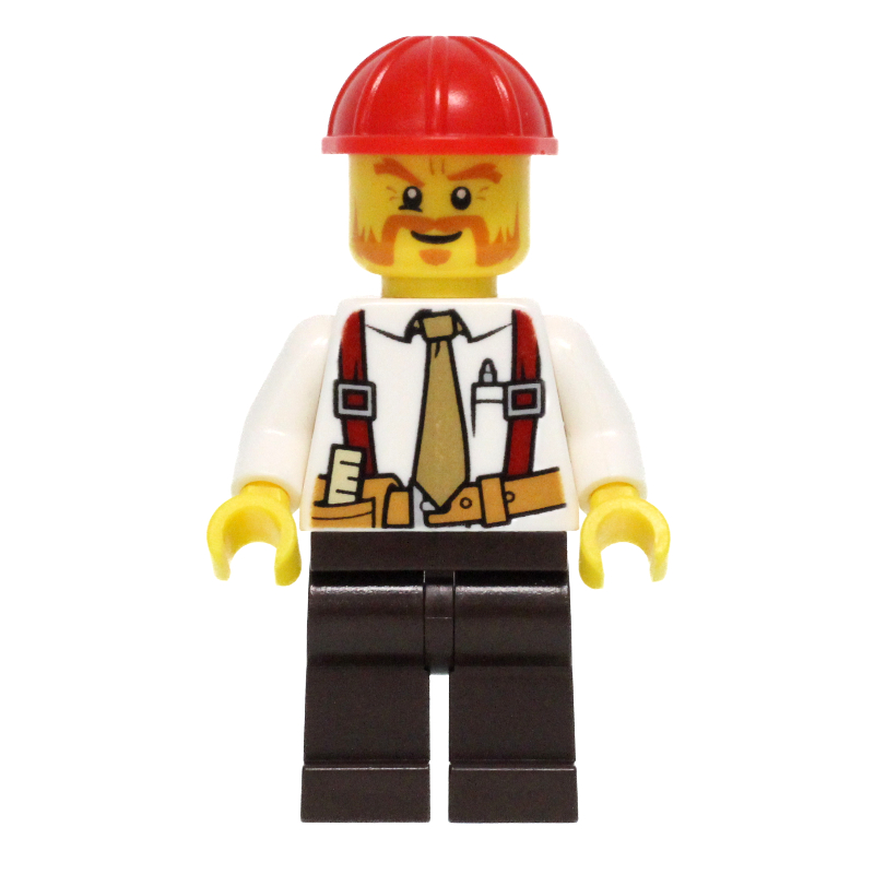 Lego Construction Worker, White Shirt with Tie and Suspenders, Red Hard Hat, Mutton Chops and Moustache