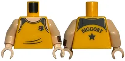 Torso Tank Top with Hogwarts Crest and Black Seams, 'DIGGORY' and Star on Back, Light Nougat Neck Pattern / Light Nougat Arm Left with Watch with Wristband Pattern / Light Nougat Arm Right / Light Nougat Hands
