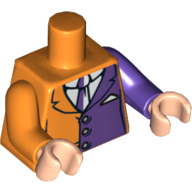 Lego Torso, Odd Arms, Suit Jacket with Dark Purple Half Panel and Tie Print, Left Dark Purple Arm, Right Orange Arm, Light Nougat Hands / Orange