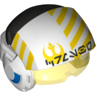 Lego Helmet with Visor Rebel Pilot, Raised Front, Trans-Yellow Visor, Yellow Stripes, Alien Letter Print / White