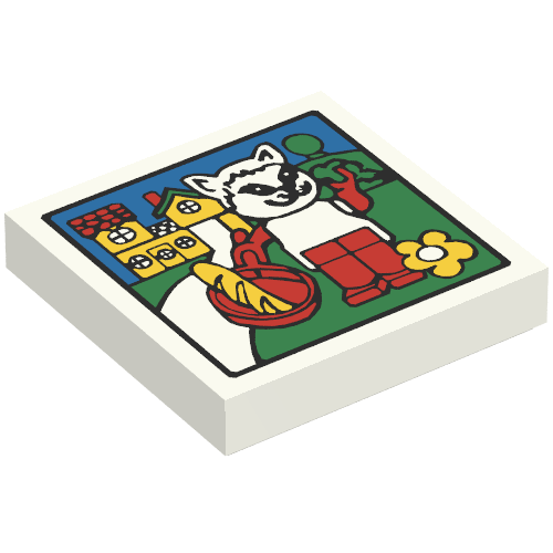Lego Tile 2 x 2 with Fabuland House and Cat Print / White