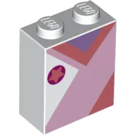 Brick 1 x 2 x 2 with Coral Star on Dark Purple Circle, Pink/Coral/Lavender Shapes / White