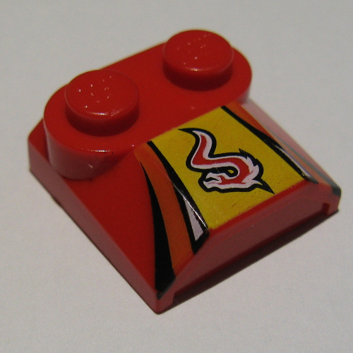 Lego Brick Curved 2 x 2 x 2/3 Two Studs and Lip End with Red/White Flame on Yellow, Black Stripes Print